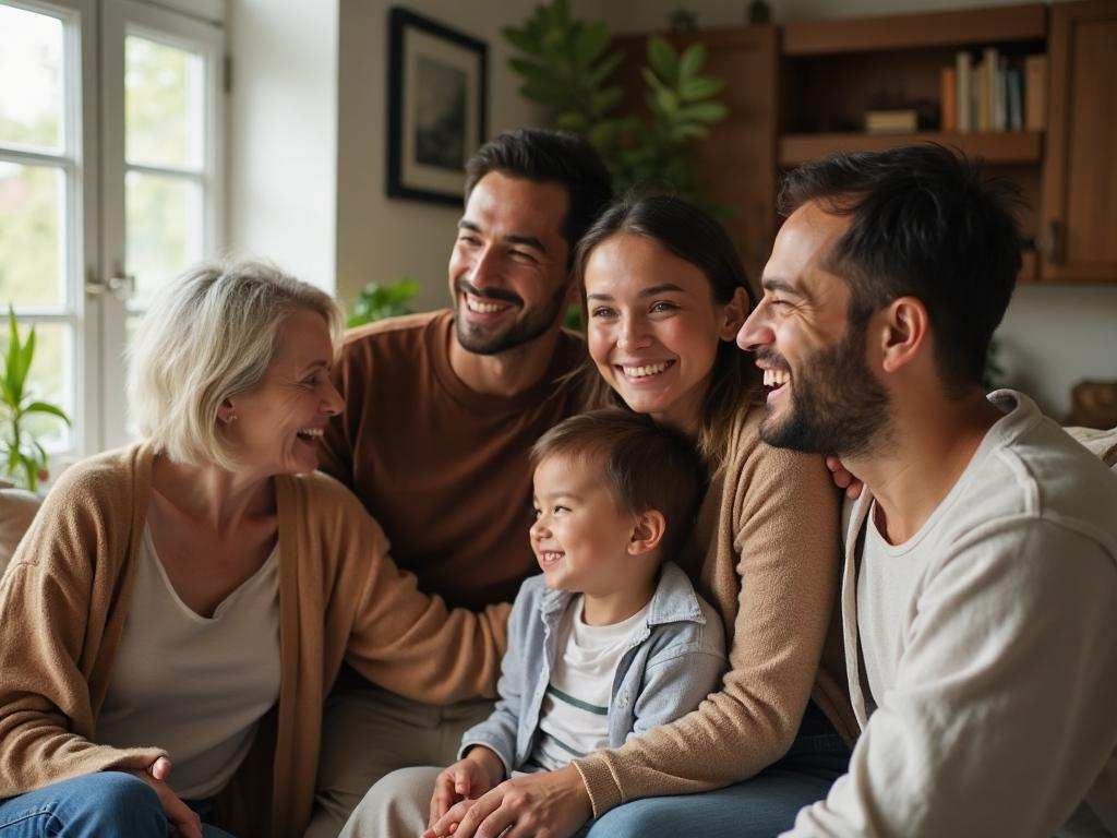 A family relaxing together in their living room, devices set aside