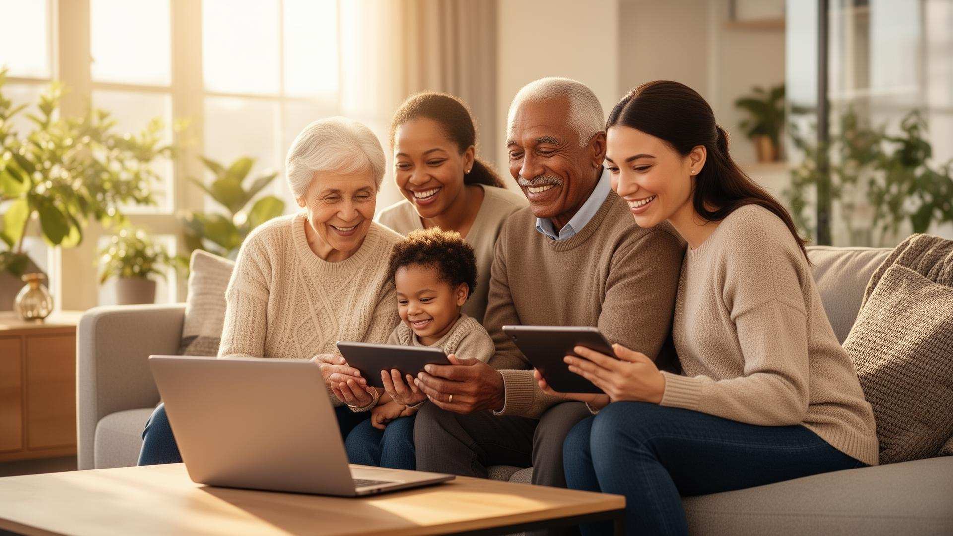 Three generations of a family reviewing a scam alert together on a laptop at home
