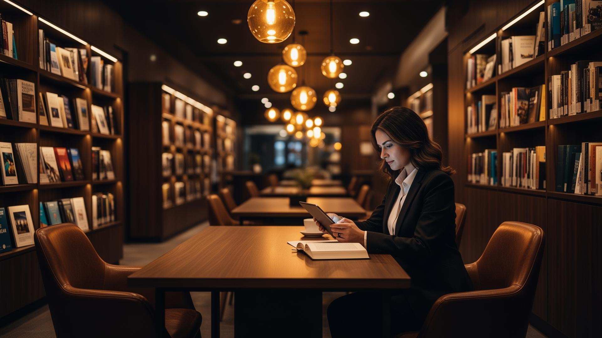 Professional browsing knowledge resources in elegant modern library with warm lighting