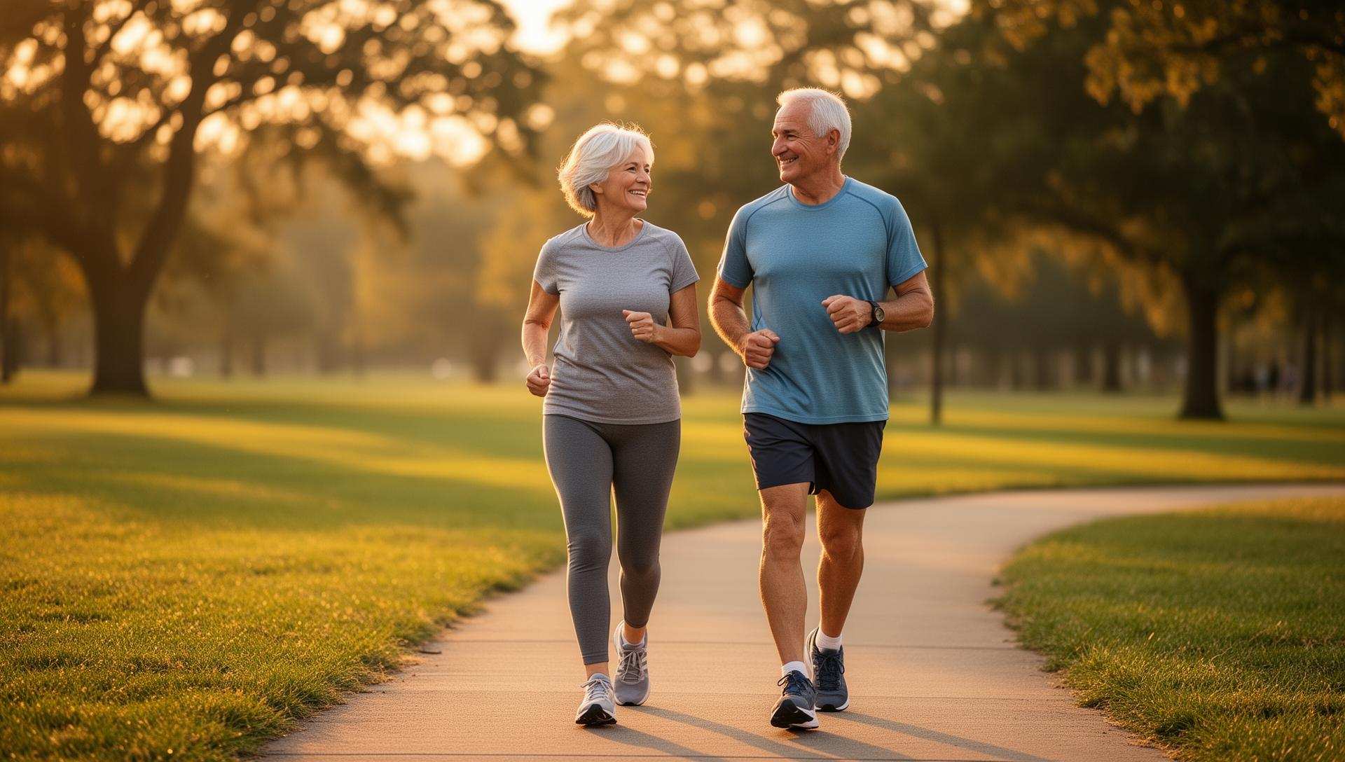 A senior couple walking outdoors, relaxed and confident